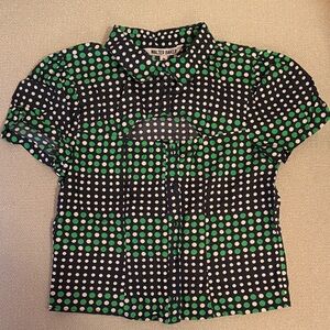 Anthropologie Walter Baker Green and Black Polka Dot Cut-out Blouse
